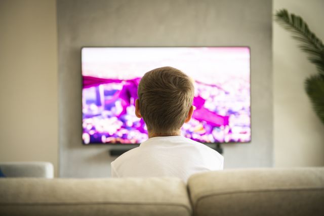 Rear view of child watching TV